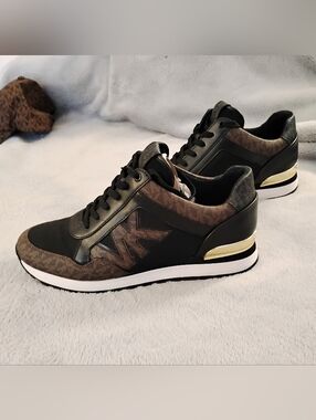Michael Kors Women's Black & Brown MK Logo Sneakers with Gold Accent Size 9.5